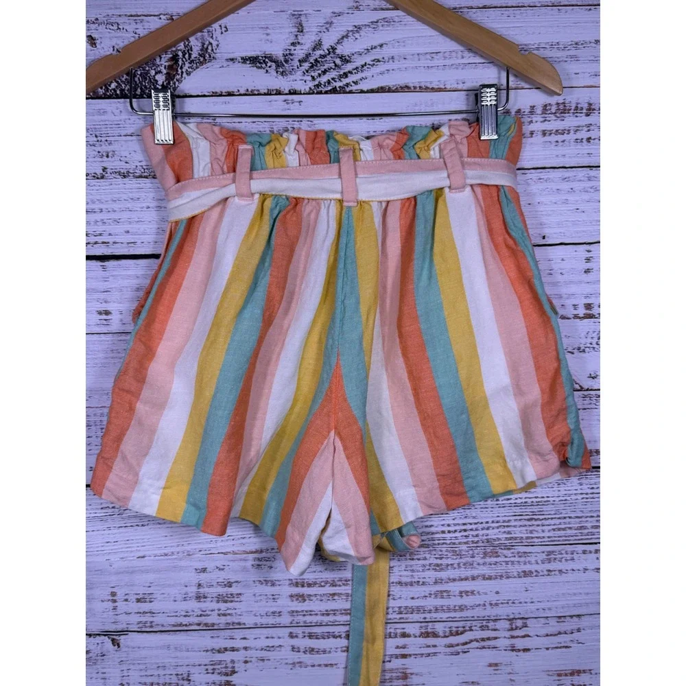 LOFT Shorts Women Small Multi-Color Striped Linen Blend Paperbag Waist 4